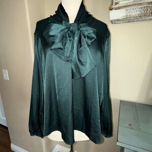NWT Anne Klein Womens Satin Tie Neck Bow Long Sleeve Blouse Emerald Green XL